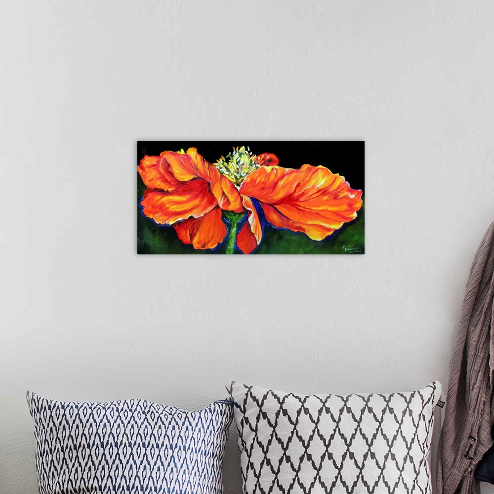 A bohemian room featuring Panoramic painting of an orange, red, and yellow poppy flower on a green background.
