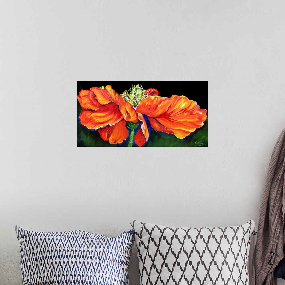 A bohemian room featuring Panoramic painting of an orange, red, and yellow poppy flower on a green background.