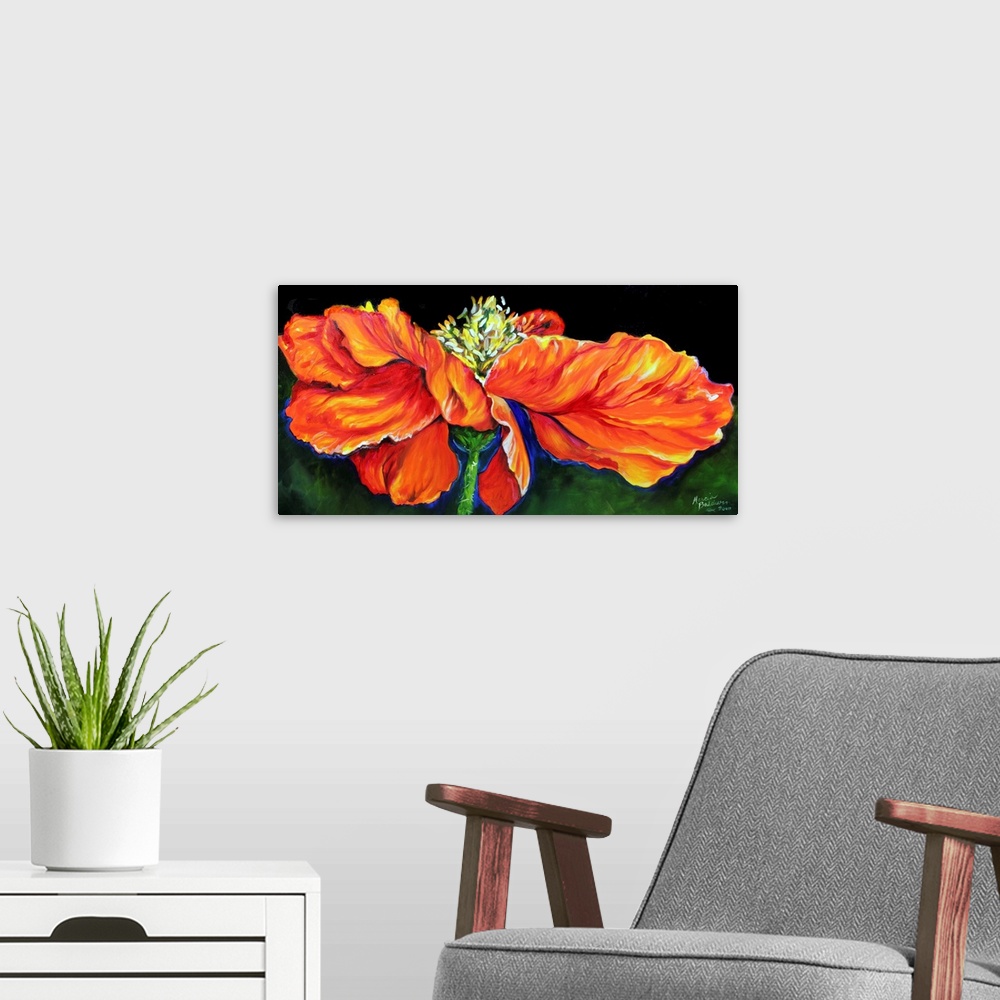 A modern room featuring Panoramic painting of an orange, red, and yellow poppy flower on a green background.