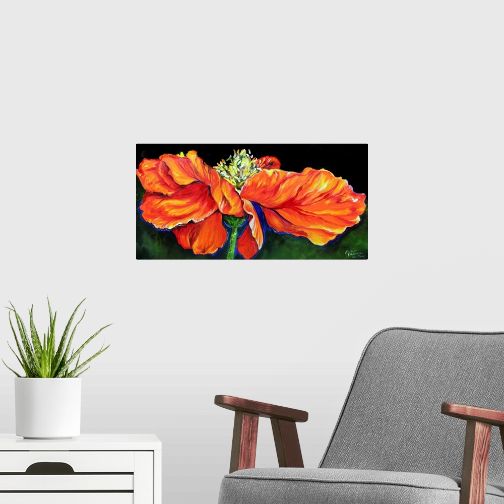 A modern room featuring Panoramic painting of an orange, red, and yellow poppy flower on a green background.