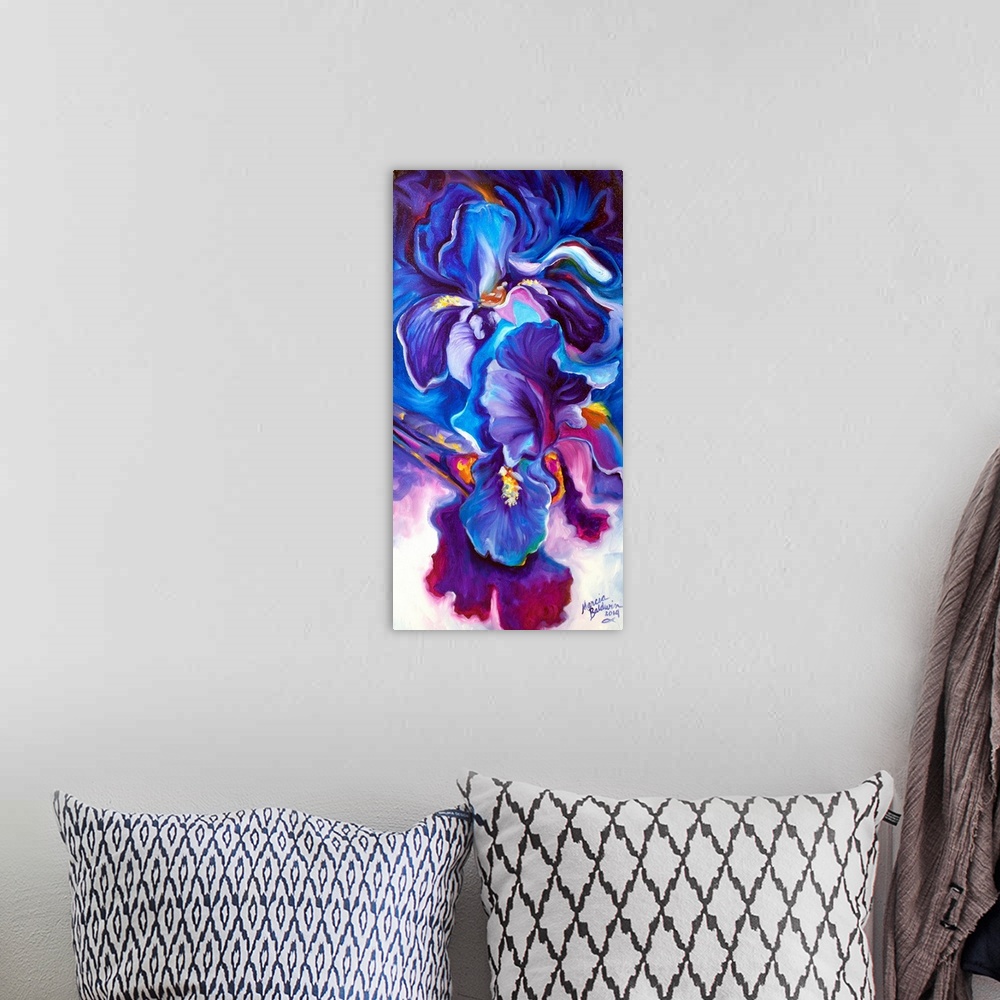 A bohemian room featuring Floral Abstract of two purple Iris blossoms.