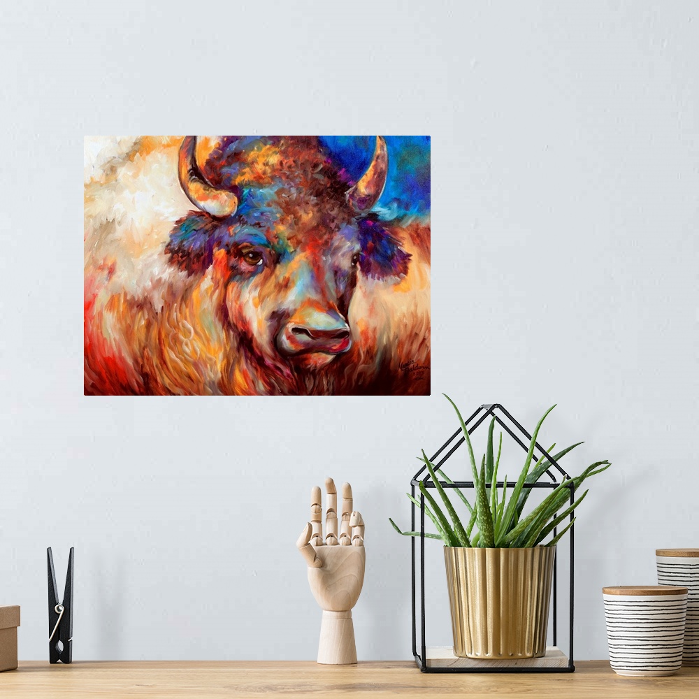 A bohemian room featuring Abstract painting of a buffalo close up with brown, red, orange, yellow, blue, and purple hues.
