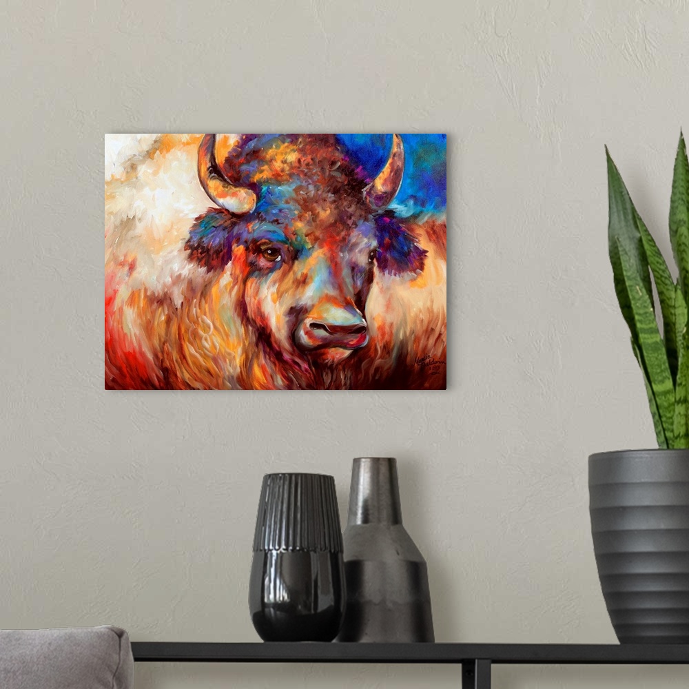 A modern room featuring Abstract painting of a buffalo close up with brown, red, orange, yellow, blue, and purple hues.