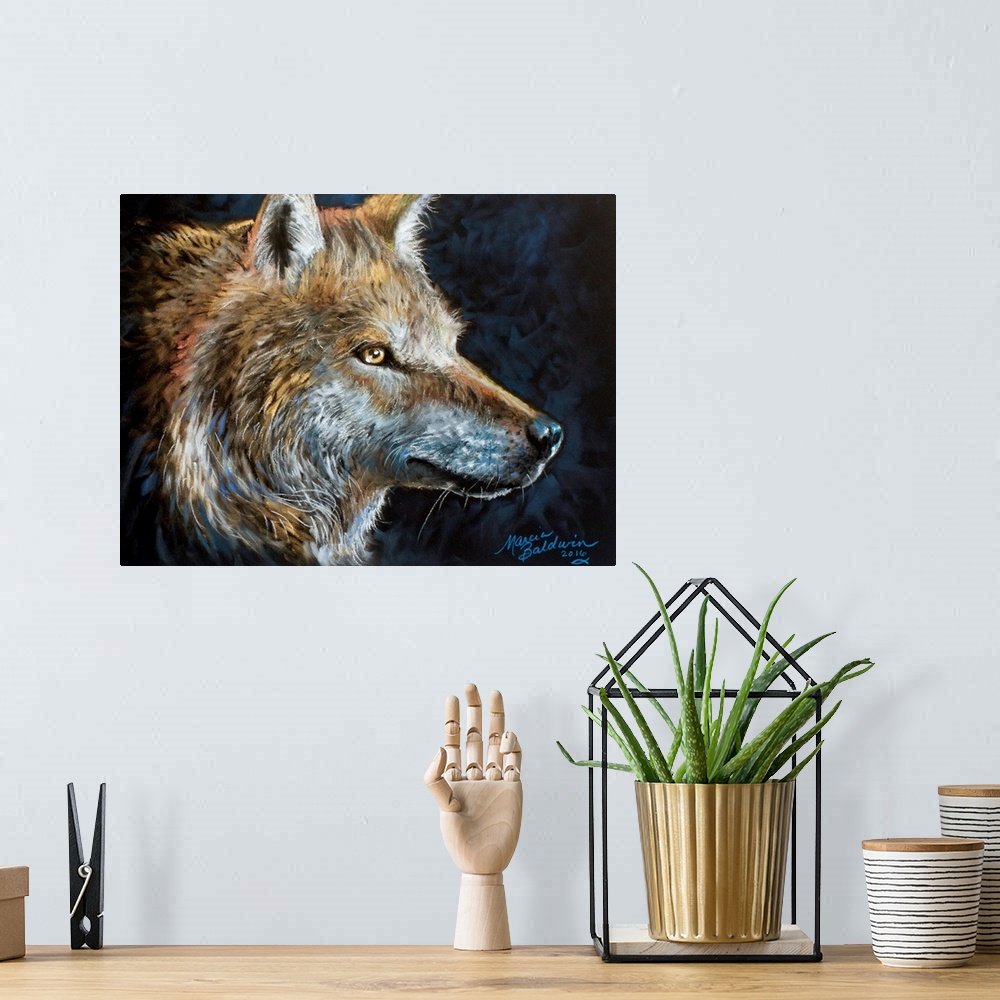 A bohemian room featuring Contemporary painting of the side profile of a wolf on a dark blue and black background.