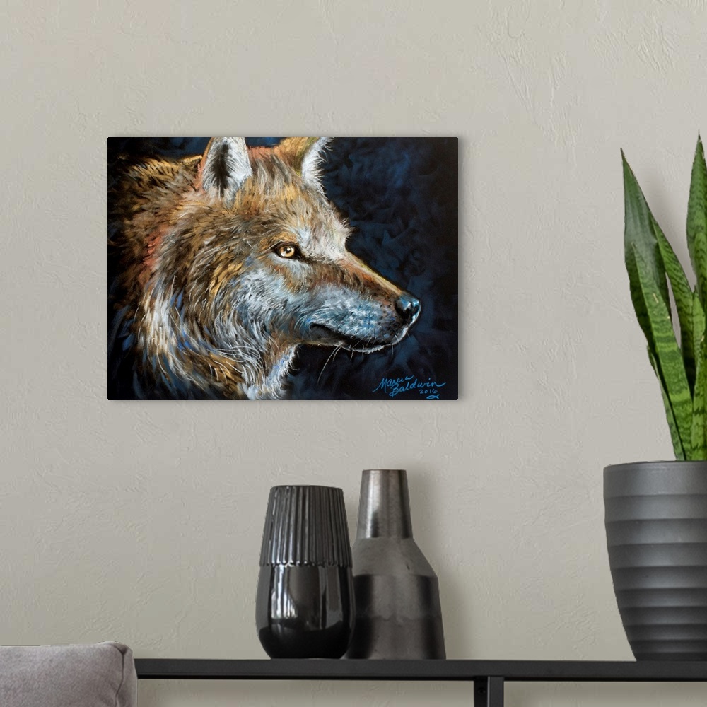 A modern room featuring Contemporary painting of the side profile of a wolf on a dark blue and black background.