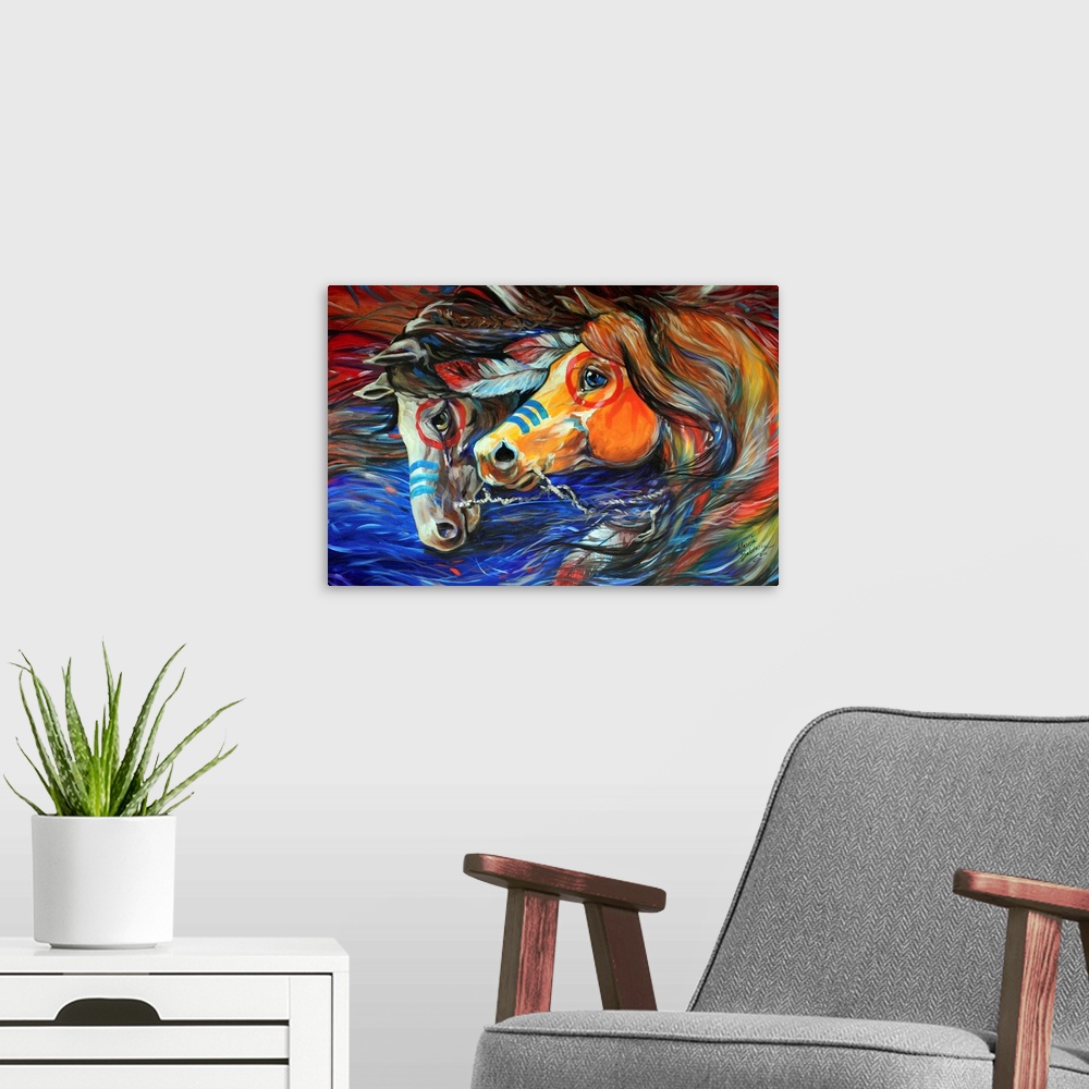 A modern room featuring Contemporary painting of two Indian War Horses with blue and red body paint and feathers in the m...