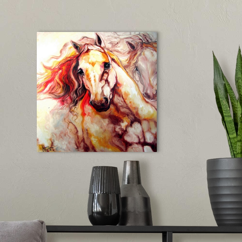 A modern room featuring Square abstract painting of two horses in motion in warm hues.
