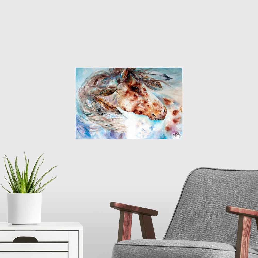 A modern room featuring Contemporary painting of an Appaloosa Indian War horse with feathers in its mane on a pastel colo...