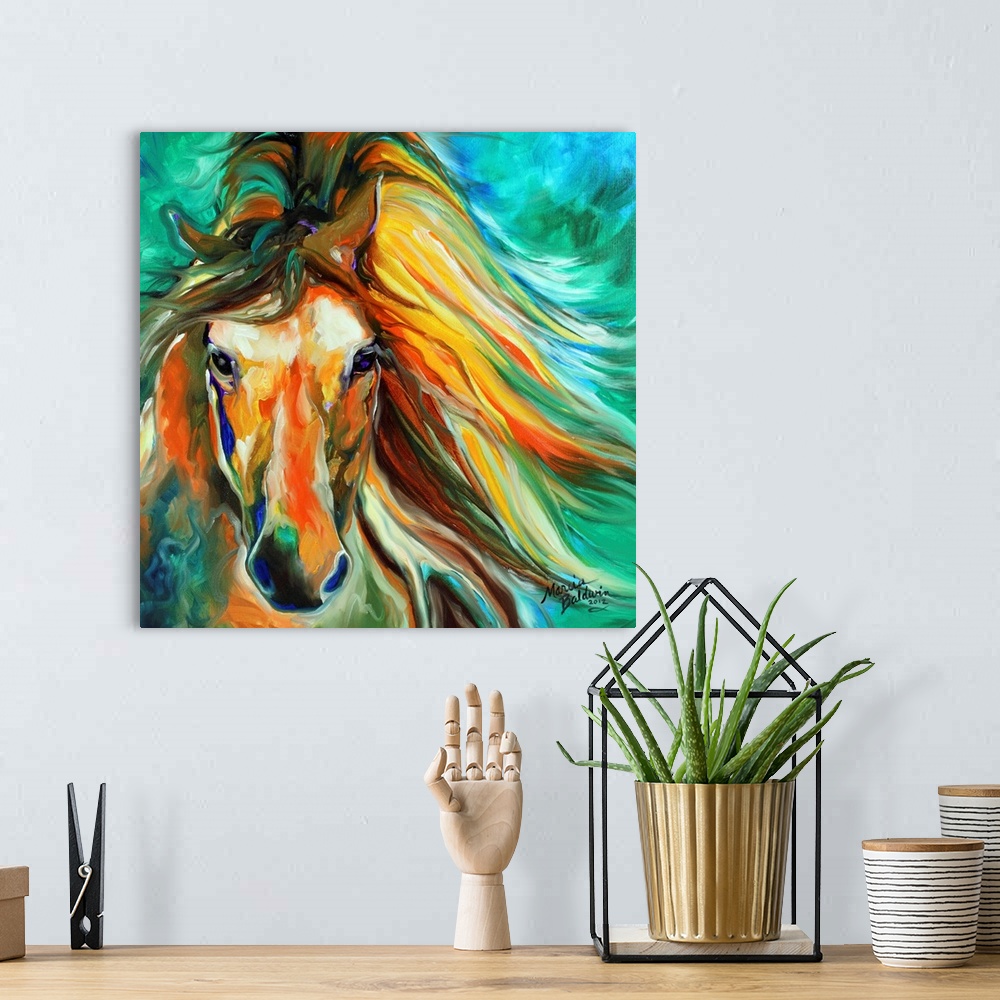 A bohemian room featuring Square painting of a horse with fierce eyes and a flowing mane on a green and blue background.