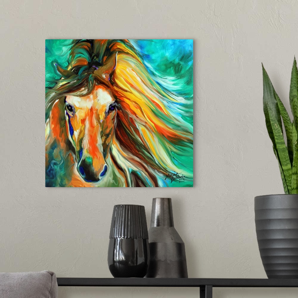 A modern room featuring Square painting of a horse with fierce eyes and a flowing mane on a green and blue background.