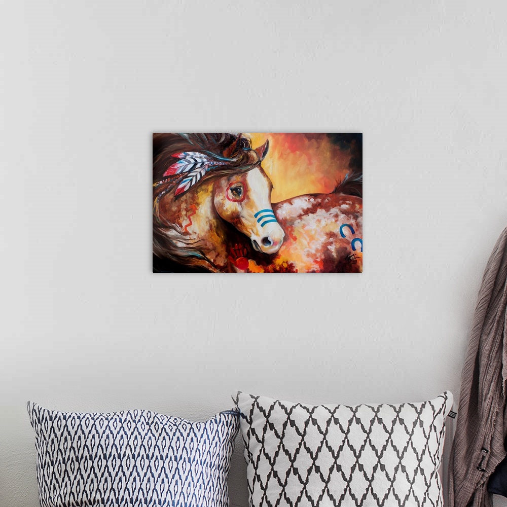 A bohemian room featuring Contemporary painting of an Indian War Horse in warm tones with red and blue body paint and feath...