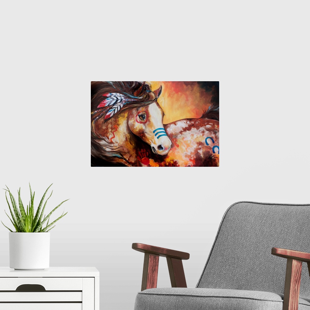 A modern room featuring Contemporary painting of an Indian War Horse in warm tones with red and blue body paint and feath...