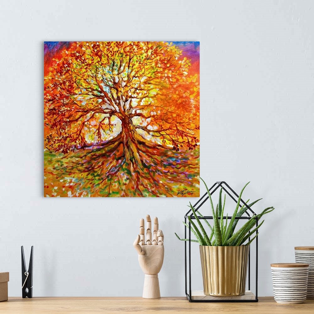 A bohemian room featuring Warm painting of a large Autumn tree at sunset with visible roots stretching down to the bottom o...