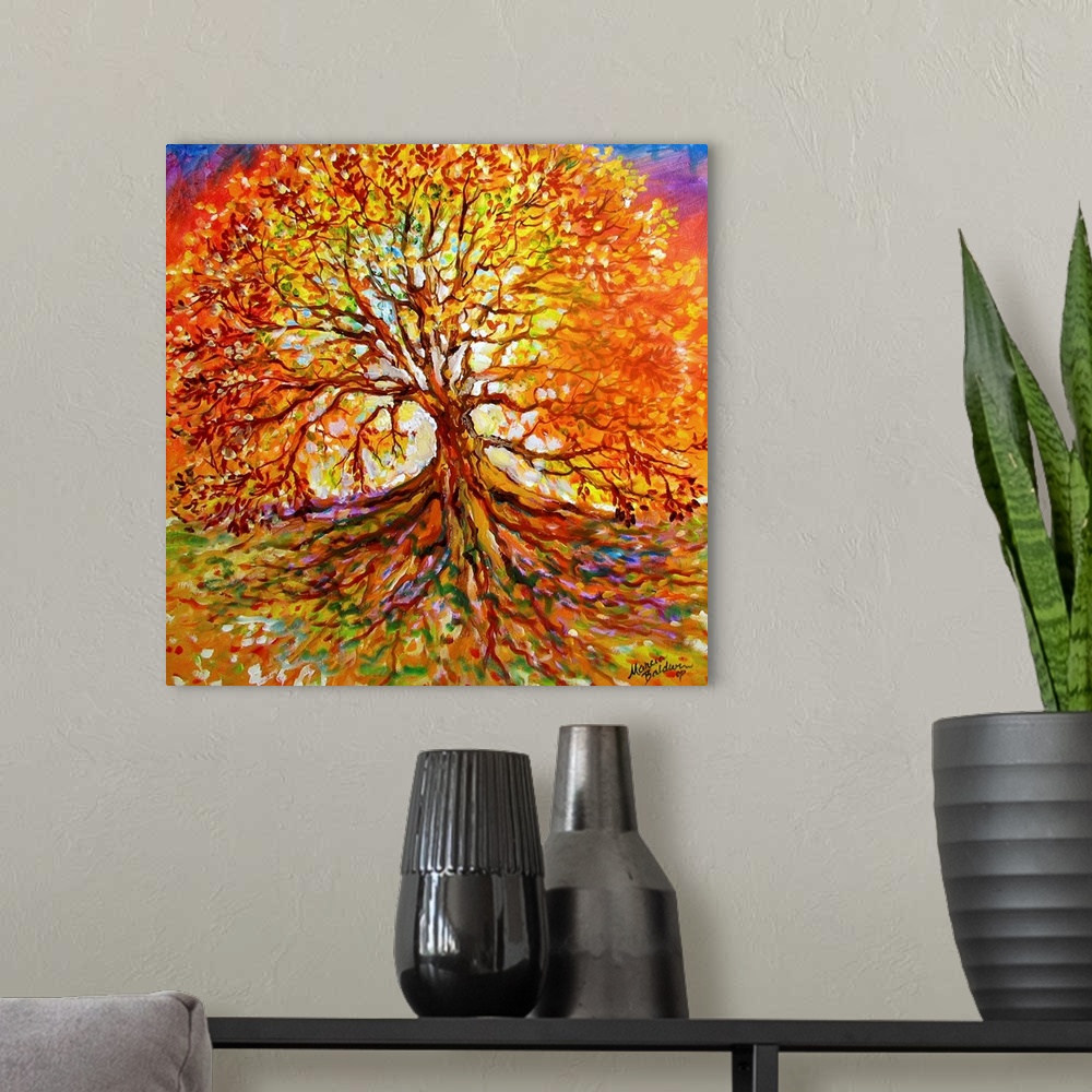 A modern room featuring Warm painting of a large Autumn tree at sunset with visible roots stretching down to the bottom o...