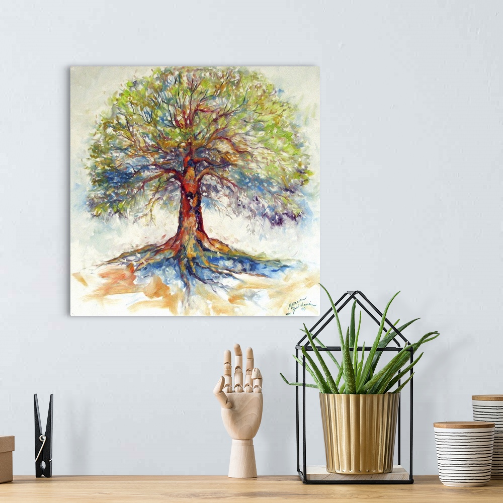 A bohemian room featuring Square painting of a bold and colorful tree on a white background with faint blue, green, and ora...