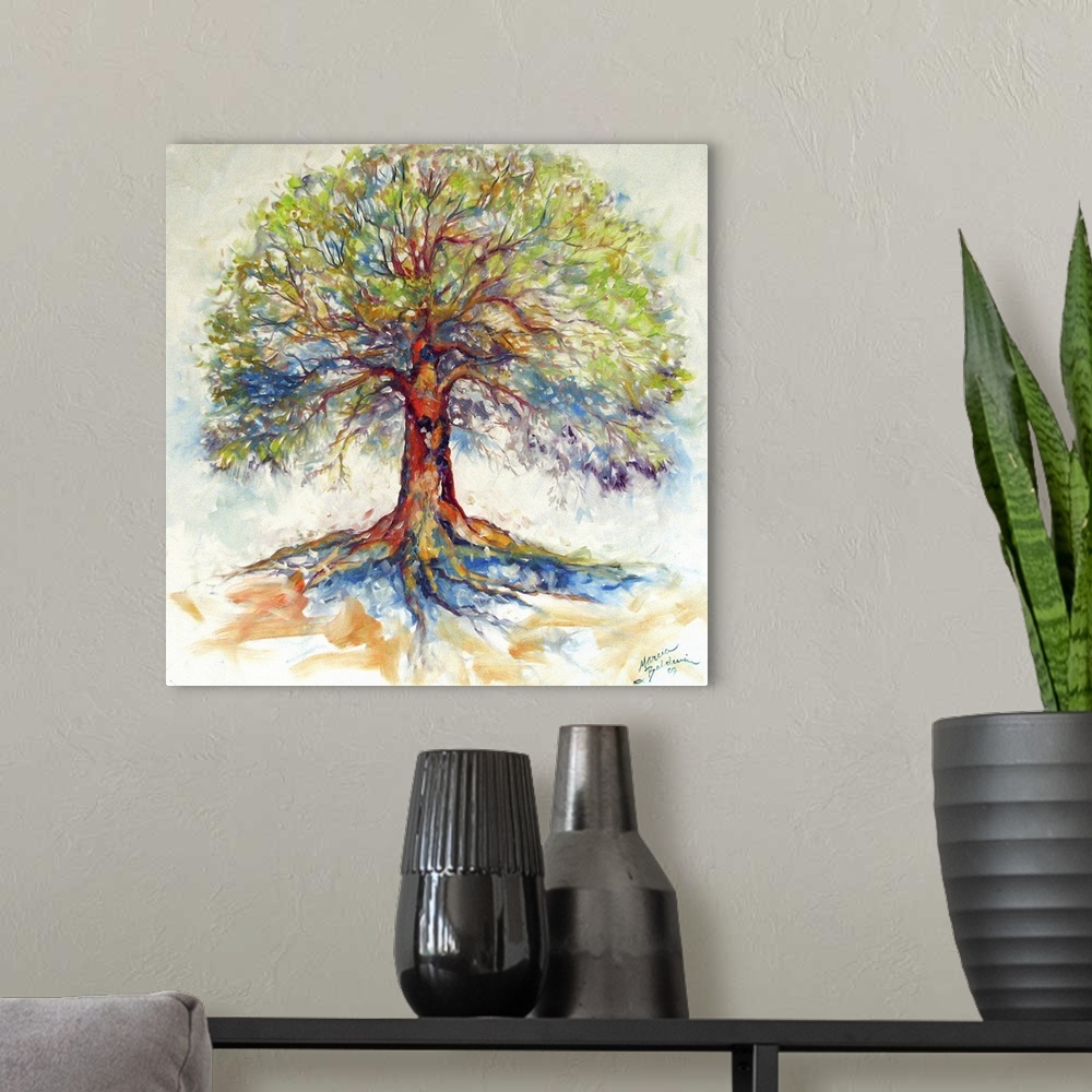 A modern room featuring Square painting of a bold and colorful tree on a white background with faint blue, green, and ora...