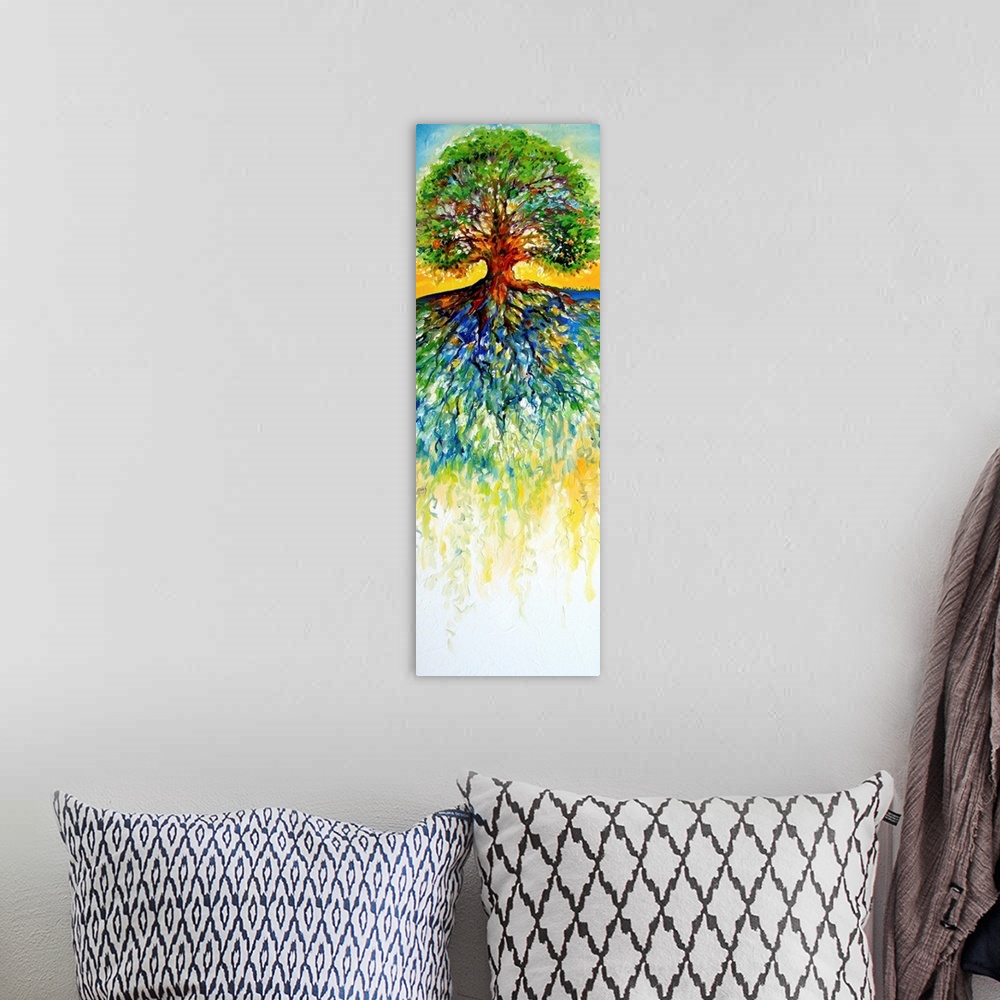 A bohemian room featuring Painting depicting the strong and bold stance of an old oak tree on a panel background.