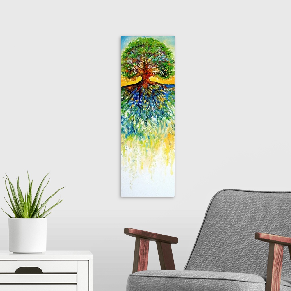 A modern room featuring Painting depicting the strong and bold stance of an old oak tree on a panel background.