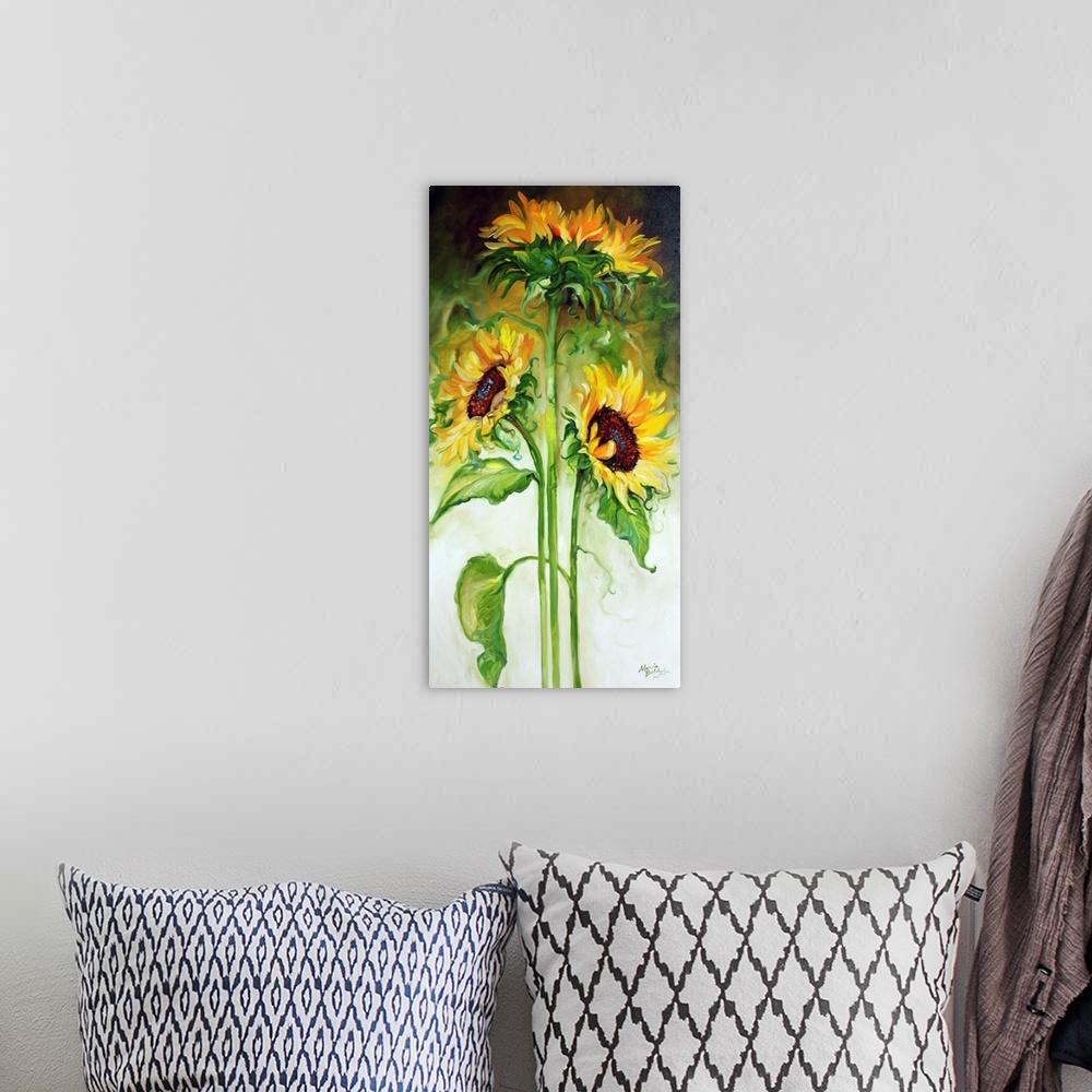 A bohemian room featuring Panel painting with three long stemmed sunflowers on an abstract white, green, yellow, and black ...