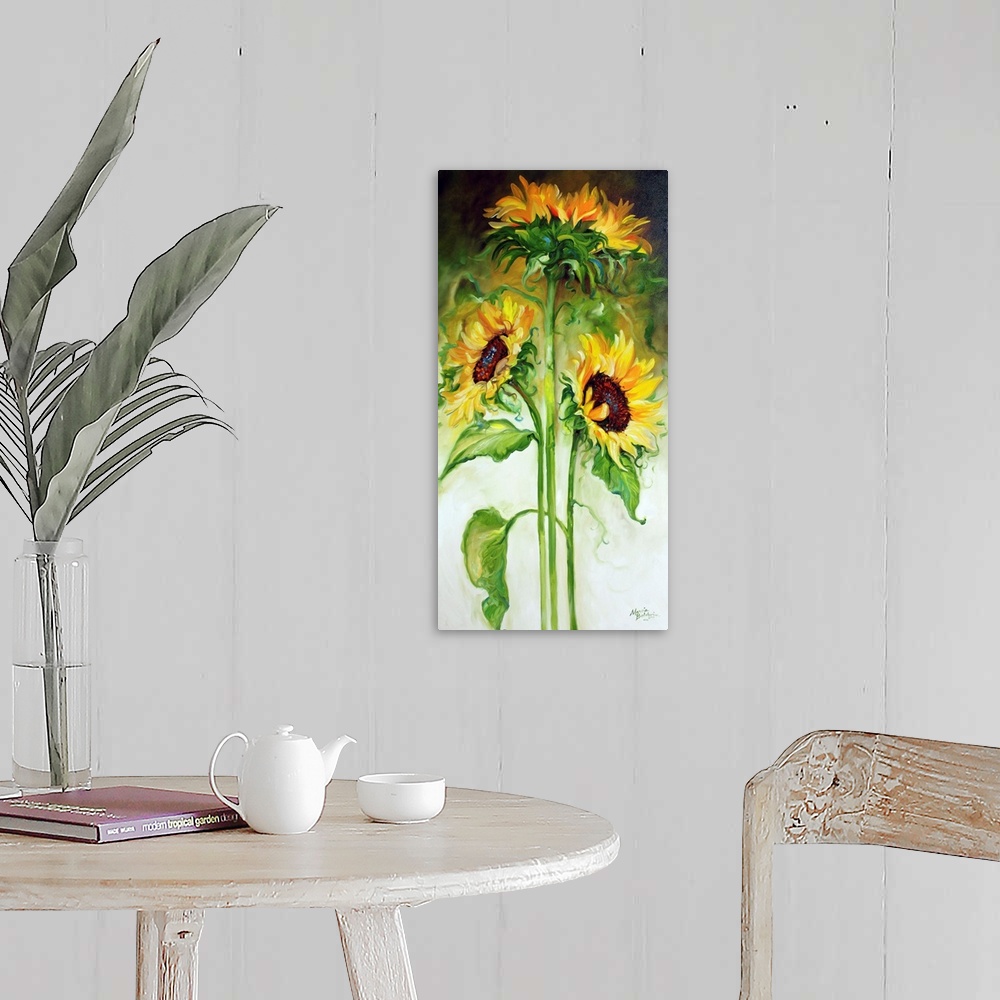A farmhouse room featuring Panel painting with three long stemmed sunflowers on an abstract white, green, yellow, and black ...