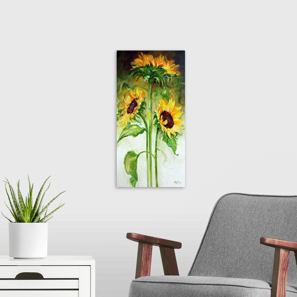 A modern room featuring Panel painting with three long stemmed sunflowers on an abstract white, green, yellow, and black ...