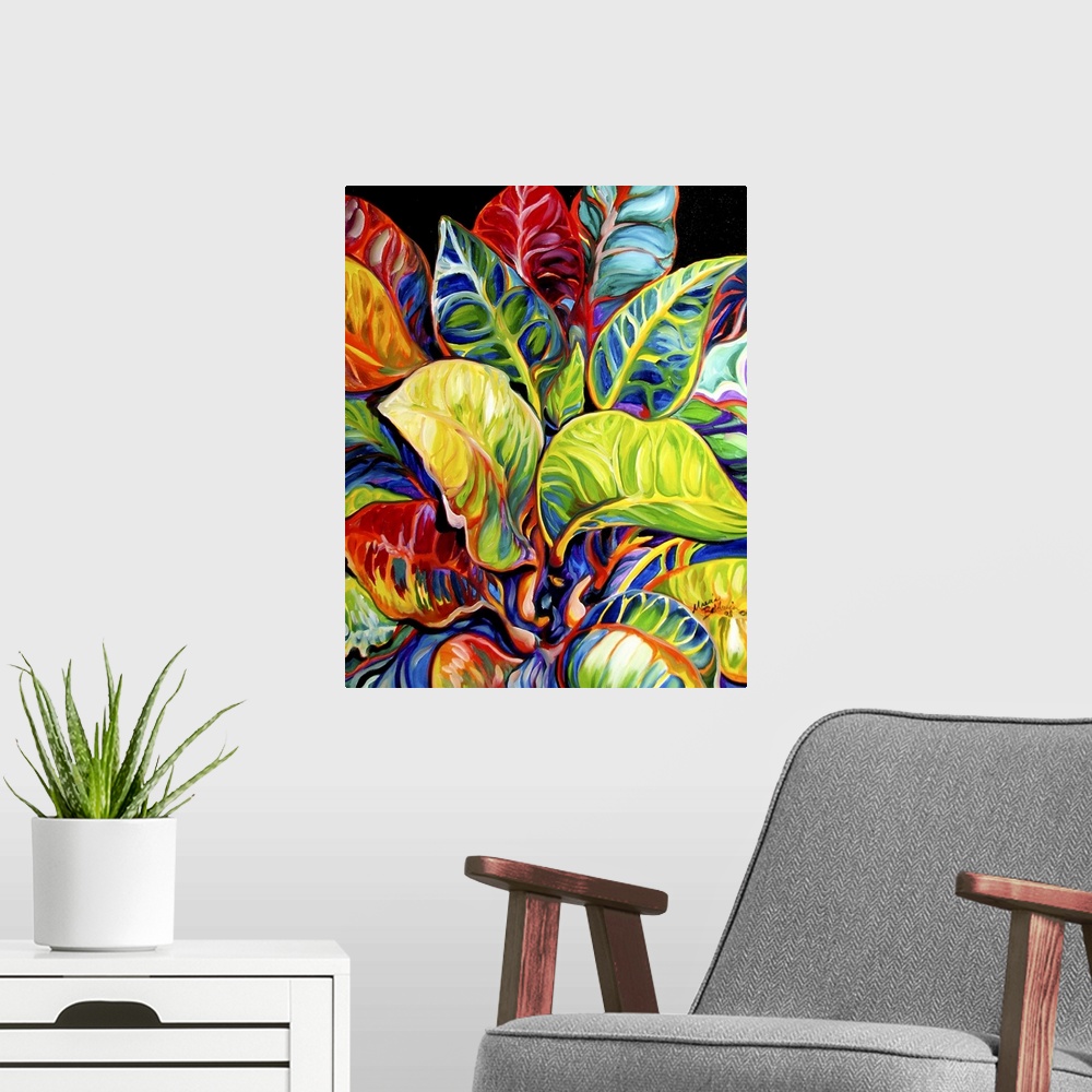 A modern room featuring Contemporary painting of colorful tropical leaves on a solid black background.