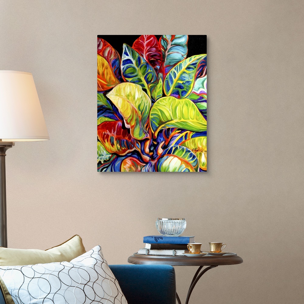 A traditional room featuring Contemporary painting of colorful tropical leaves on a solid black background.