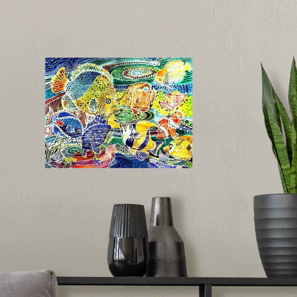 A modern room featuring Tropical Fish composition in the Batik originally made on Watercolor Paper