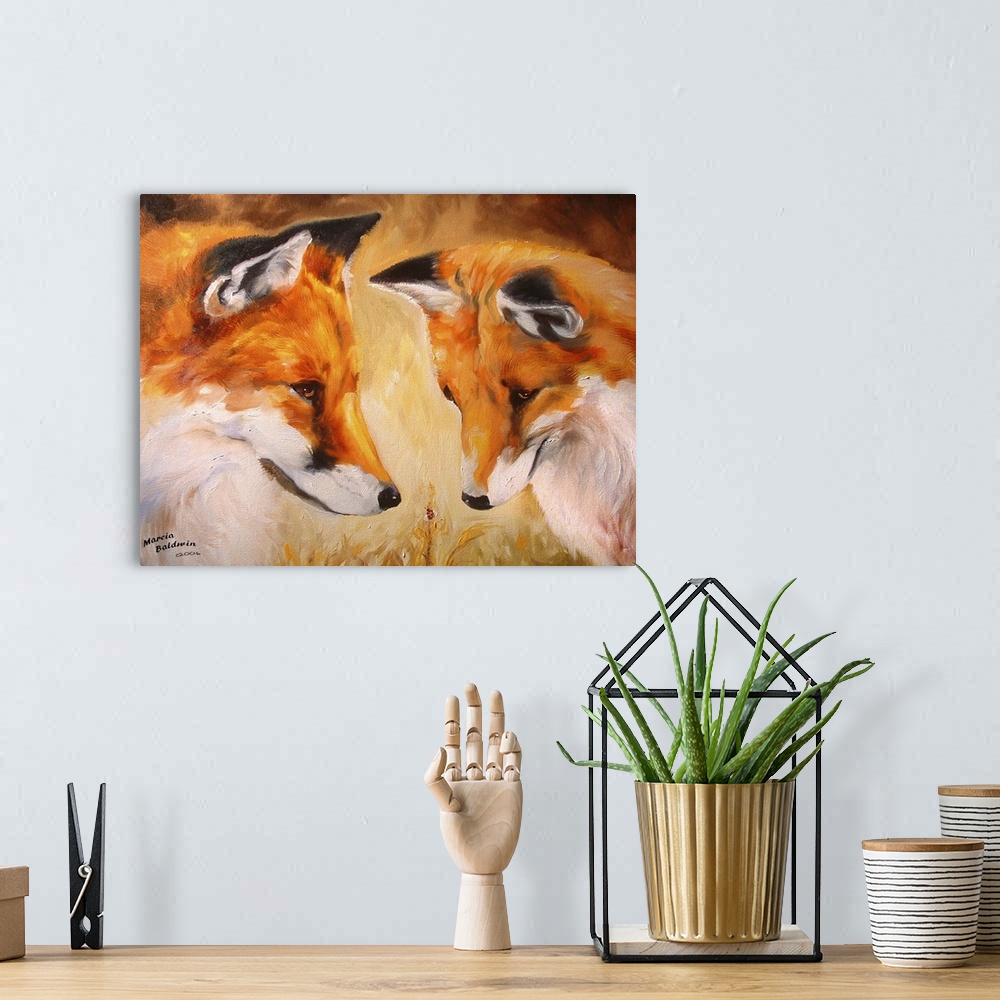 A bohemian room featuring Contemporary painting of two foxes looking down at a tiny lady bug, created with warm hues.