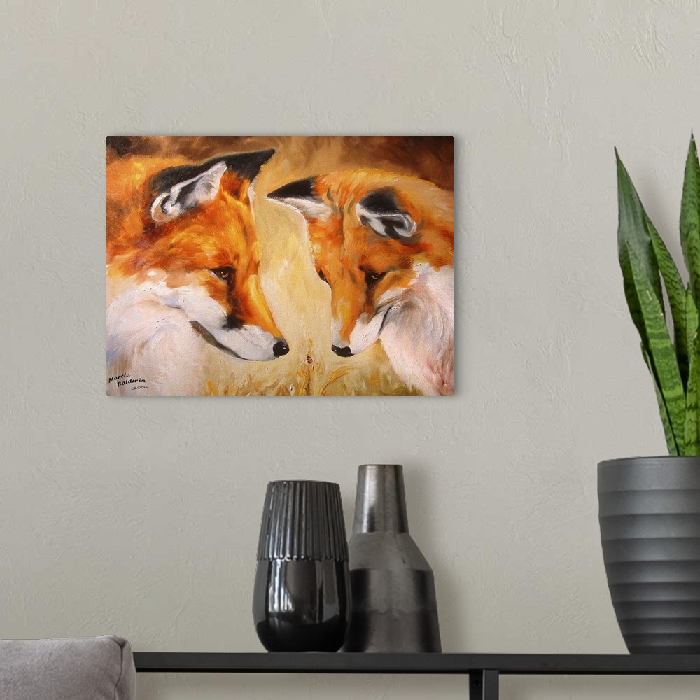 A modern room featuring Contemporary painting of two foxes looking down at a tiny lady bug, created with warm hues.