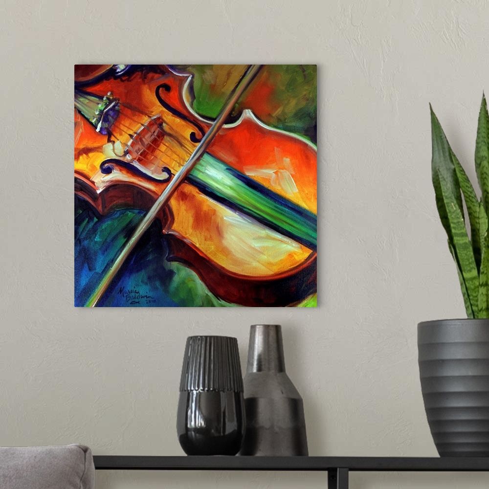 A modern room featuring Square painting of a violin close-up with the bow resting across it on a blue and green background.