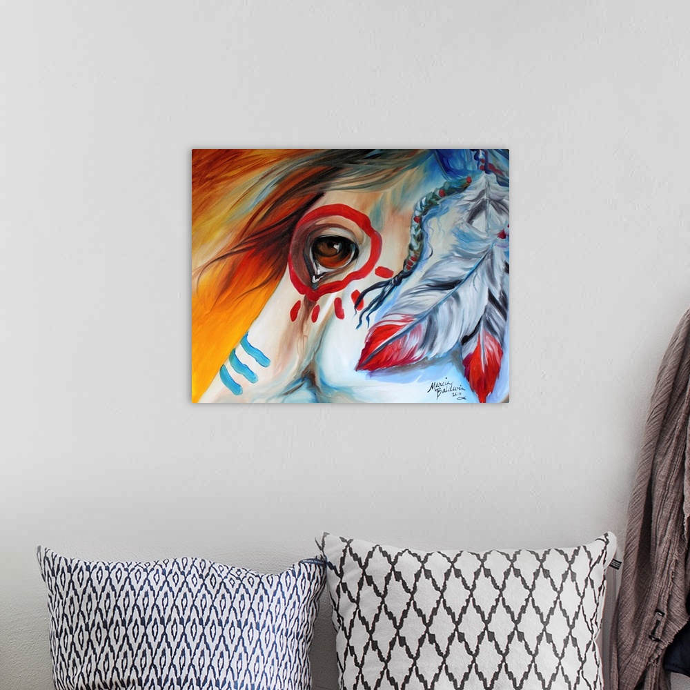A bohemian room featuring Contemporary painting of a horse close-up with Indian war paint and feathers and the emotions dep...