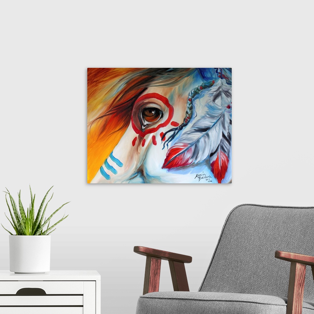 A modern room featuring Contemporary painting of a horse close-up with Indian war paint and feathers and the emotions dep...