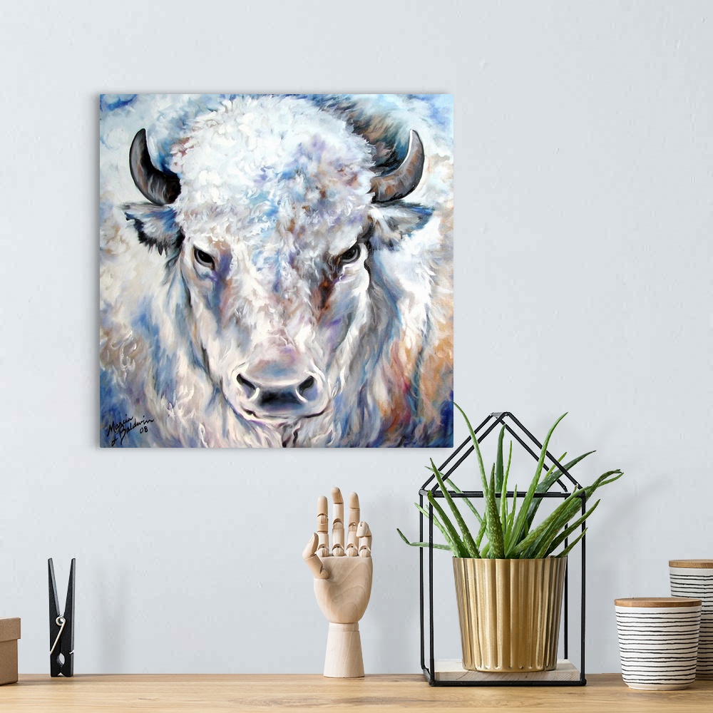 A bohemian room featuring Square painting of a white buffalo created with cool tones and small brushstrokes for texture in ...