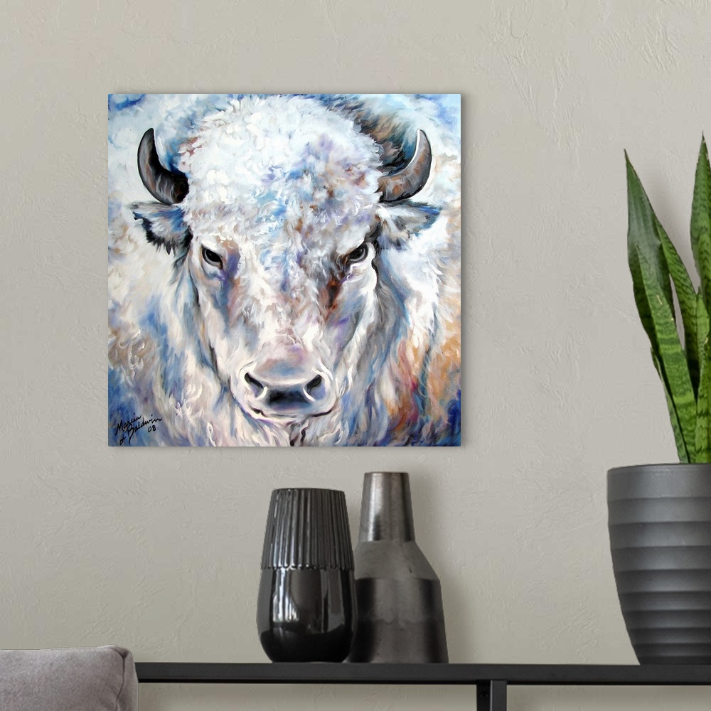 A modern room featuring Square painting of a white buffalo created with cool tones and small brushstrokes for texture in ...