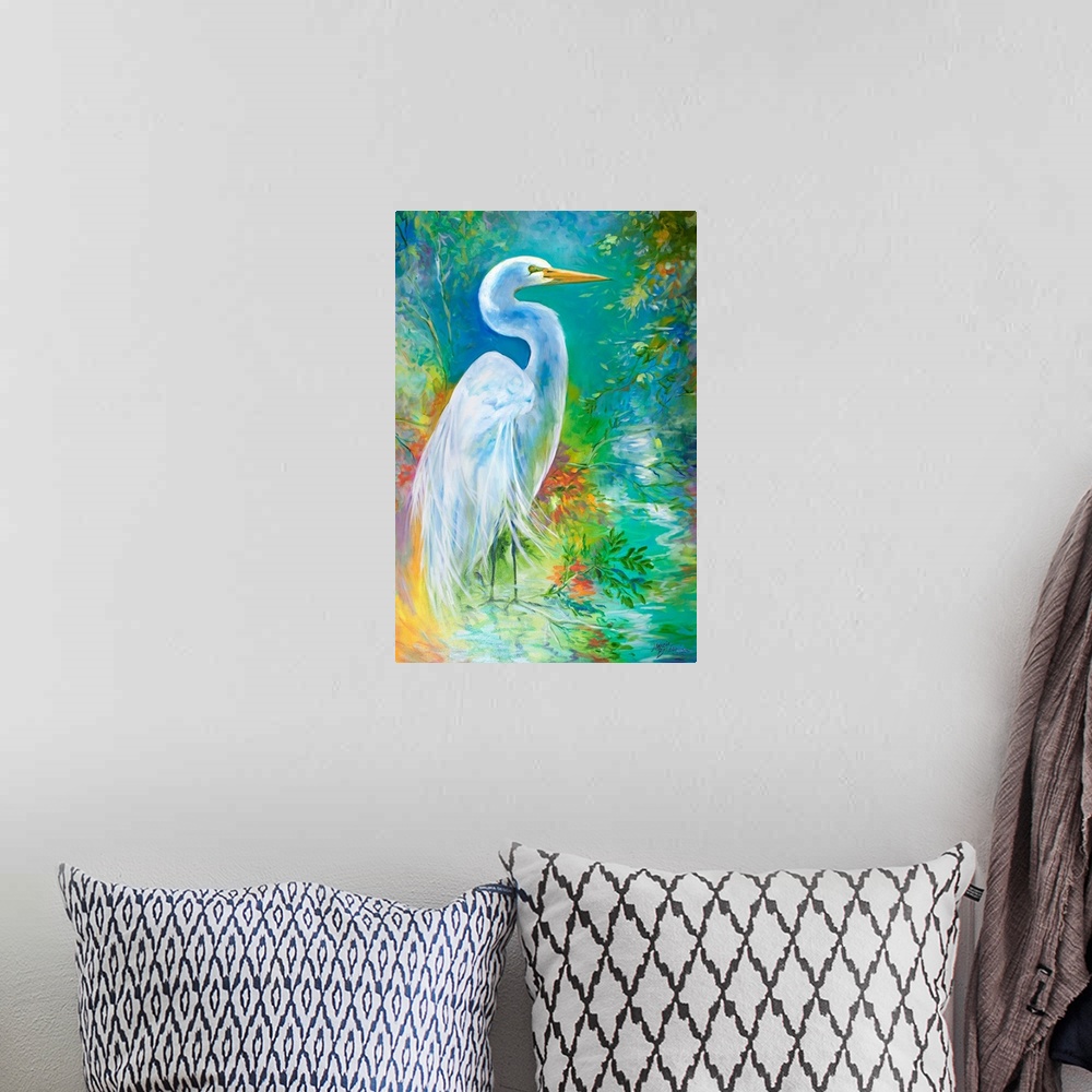 A bohemian room featuring Contemporary painting of the Great White Egret among flora and tundra, along the watery landscape.