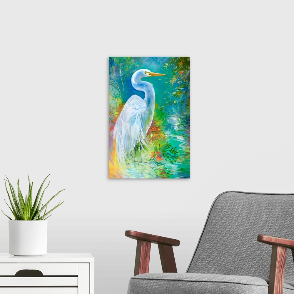 A modern room featuring Contemporary painting of the Great White Egret among flora and tundra, along the watery landscape.