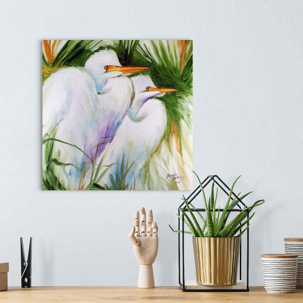 A bohemian room featuring Contemporary painting of two white egrets with cool blue and purple shadows on their feathers on ...