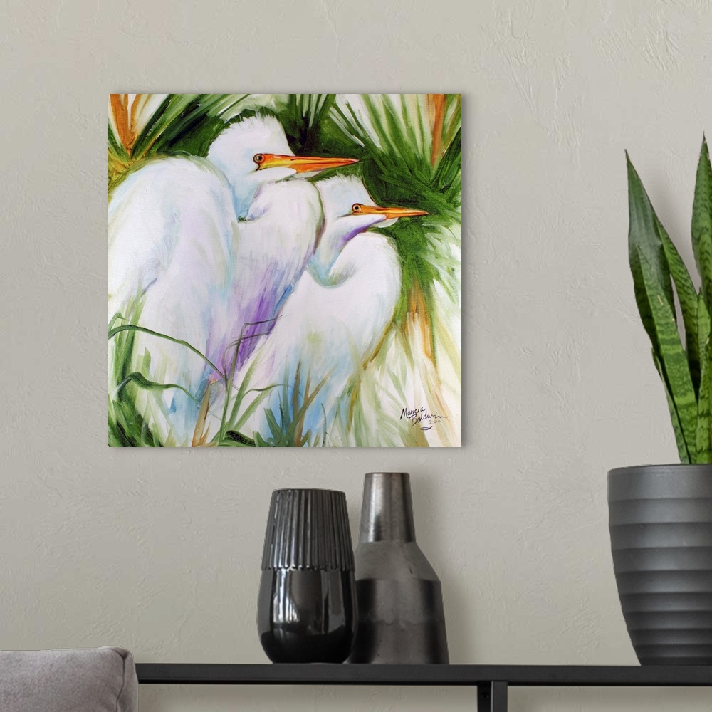 A modern room featuring Contemporary painting of two white egrets with cool blue and purple shadows on their feathers on ...