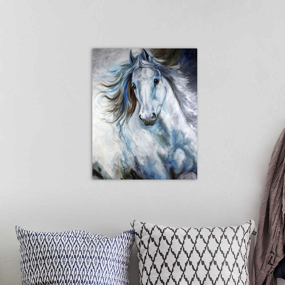 A bohemian room featuring Contemporary painting of a cool-toned white, blue, and gray Arabian horse in action.