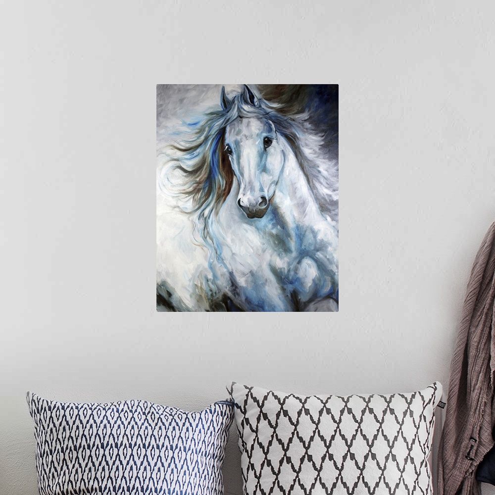 A bohemian room featuring Contemporary painting of a cool-toned white, blue, and gray Arabian horse in action.
