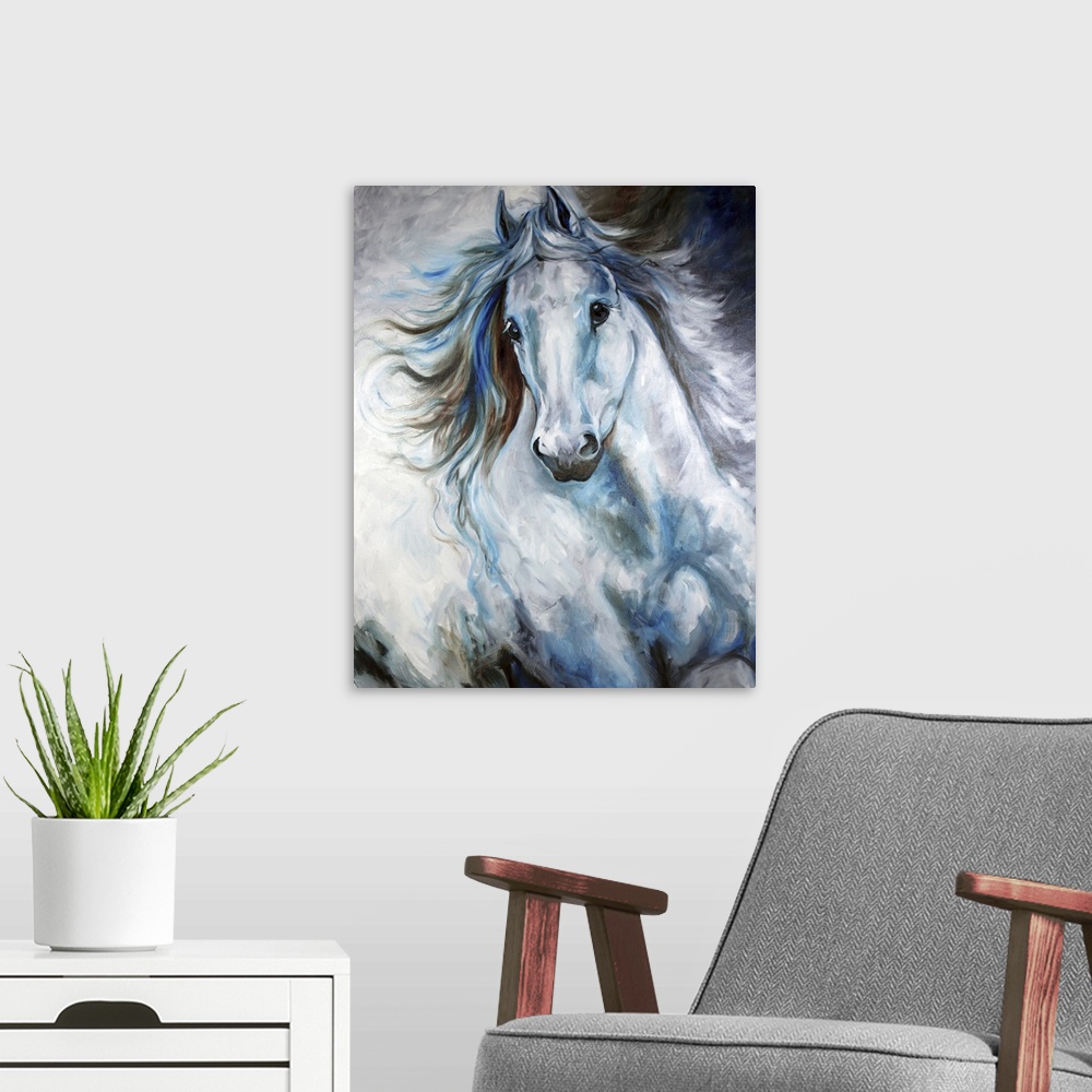 A modern room featuring Contemporary painting of a cool-toned white, blue, and gray Arabian horse in action.