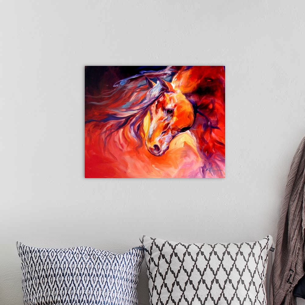 A bohemian room featuring Equine abstract with bold color and a bold composition.