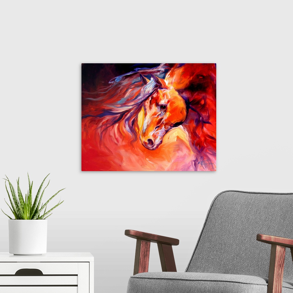 A modern room featuring Equine abstract with bold color and a bold composition.