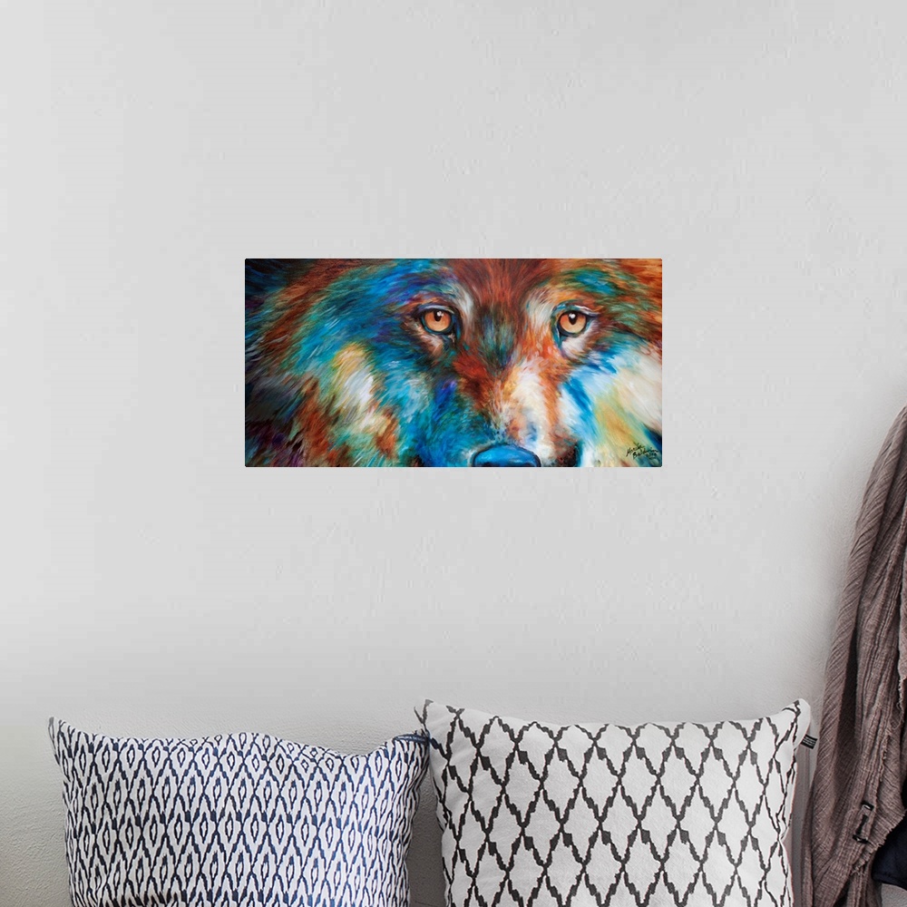 A bohemian room featuring Colorful painting of a wolf's face up close in red, orange, yellow, blue, purple, and green hues.