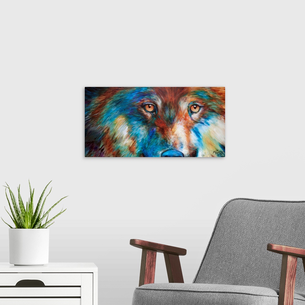 A modern room featuring Colorful painting of a wolf's face up close in red, orange, yellow, blue, purple, and green hues.