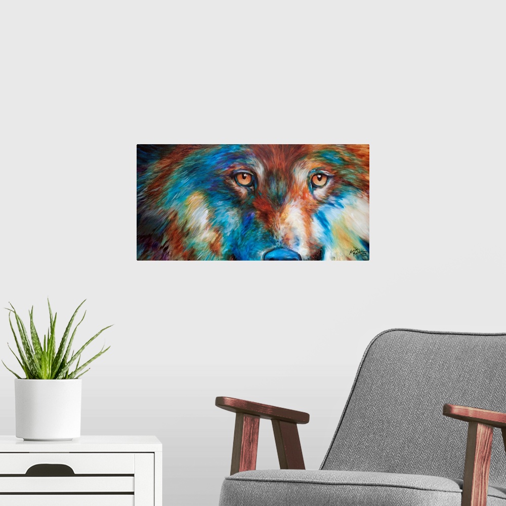 A modern room featuring Colorful painting of a wolf's face up close in red, orange, yellow, blue, purple, and green hues.