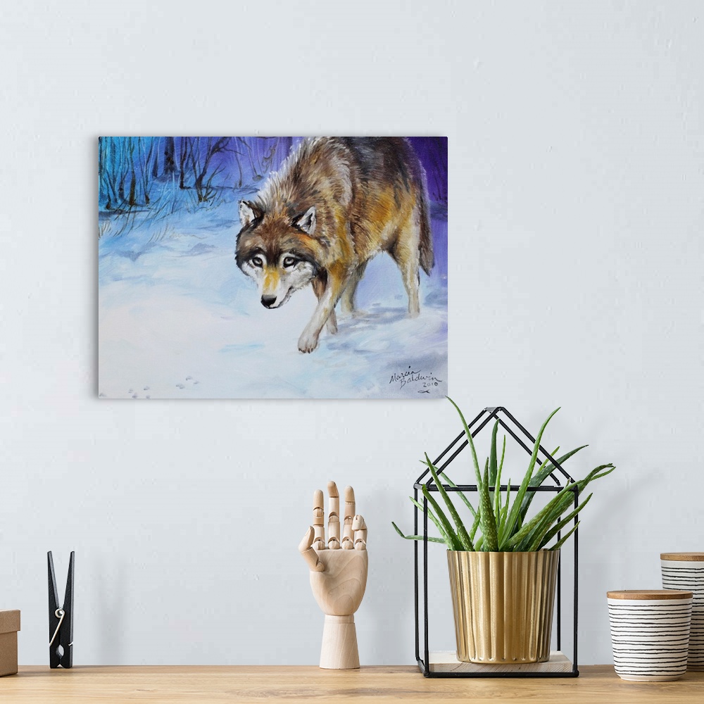 A bohemian room featuring Contemporary painting of a lone wolf in snow scene, tracking his prey in cool tones.