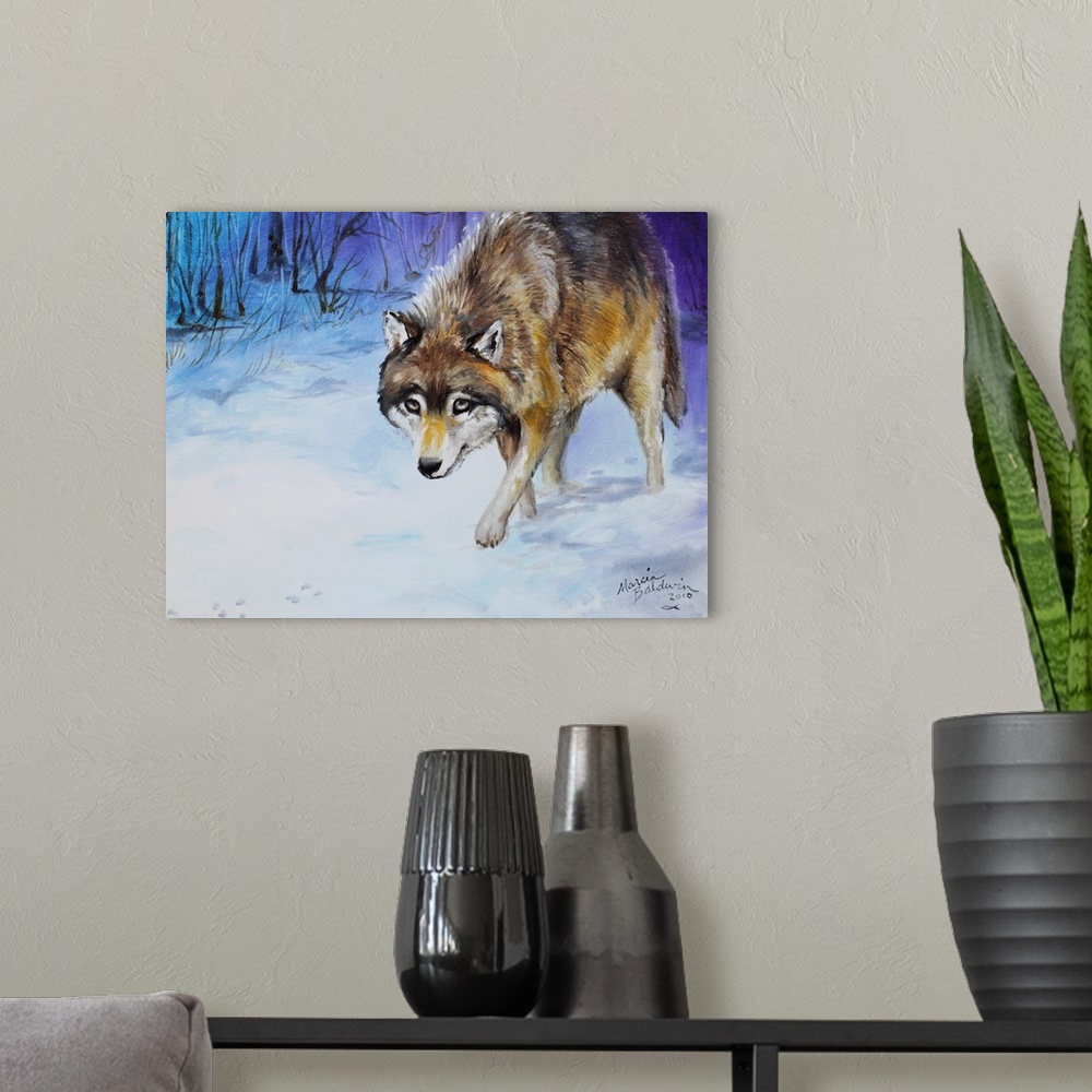 A modern room featuring Contemporary painting of a lone wolf in snow scene, tracking his prey in cool tones.