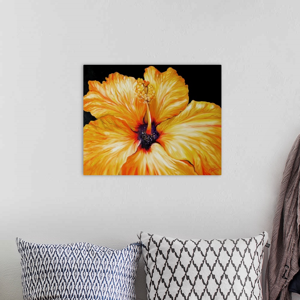 A bohemian room featuring Close-up painting of a yellow hibiscus flower on a black background.